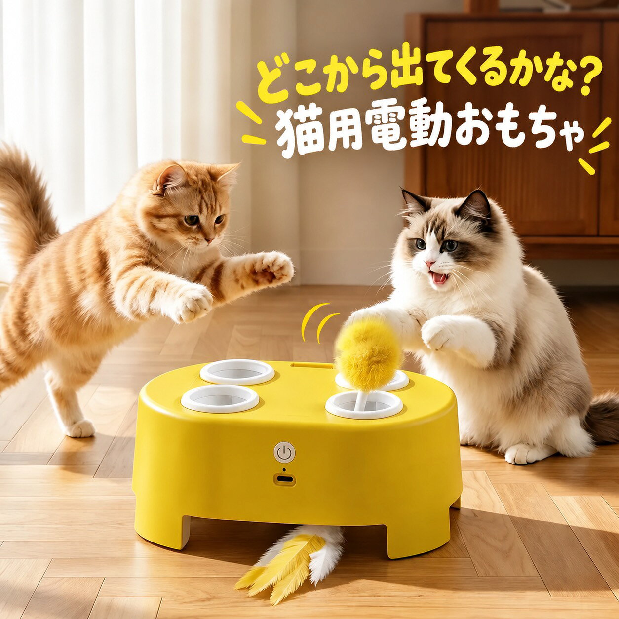 どこから出てくるかな？ ポンポンと羽根で遊ぼう。