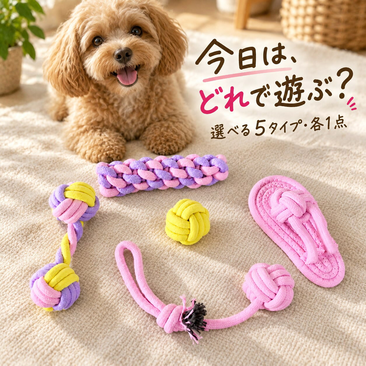 犬用 ロープ おもちゃ 結び目 編み込み ダンベル ボール サンダル 選べる5タイプ 各1点
