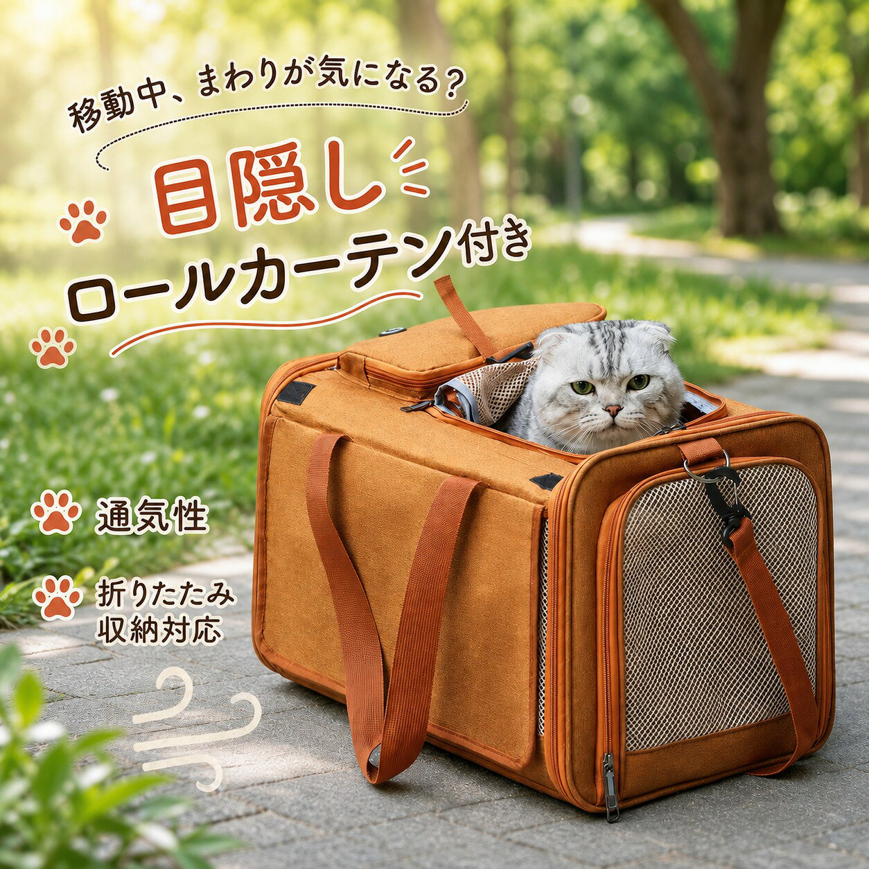 移動中、まわりが気になる？目隠しロールカーテンと多面メッシュをシーンに合わせて切り替えられる、猫・小型犬用のソフトキャリーです。折りたたみ収納と車載固定に対応します。目隠しと通気を使い分け外からの視線が気になるときはカーテンを下ろし、通気を確保したいときはメッシュ面を開けて使えます。商品仕様アップグレードタイプ約48×31×29cm／約1.0kg持ち方手提げ／ショルダー機能目隠しカーテン／多面メッシュ／折りたたみ／車載固定バリエーションアップグレード3色／S 2色／L 3色サイズごとの外寸は選択画像をご確認ください。手作業採寸のため若干の誤差があります。モニター環境により色味が異なって見える場合があります。検索キーワード：ペットキャリー キャリーバッグ 猫 小型犬 犬 ペットバッグ ソフトキャリー 目隠し ロールカーテン メッシュ 通気性 折りたたみ 手提げ ショルダー 肩掛け 車載固定 ドライブ 通院 旅行 帰省 防災 避難 ブラウン グレー ブラック アイボリー ブルー S L 送料無料ペットキャリー 猫 小型犬 目隠し ロールカーテン メッシュ 折りたたみ 車載 手提げ ショルダー 送料無料