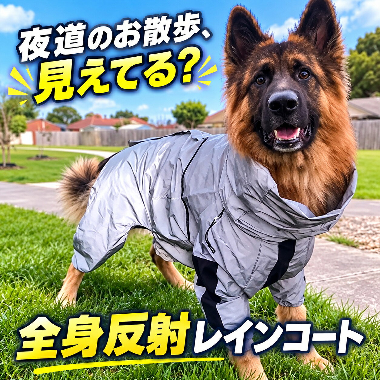 夜道のお散歩、見えてる？光を受けて明るく反射する、中・大型犬向けの四脚レインコートです。カラー・サイズカラーを上、サイズを下からお選びください。各カラーの選択に合わせて商品画像が切り替わります。検索キーワード：犬服 猫服 ペットウェア 秋冬 防寒 保温 送料無料犬用 レインコート 全反射 防水 防風 四脚 中型犬 大型犬 L～5XL 送料無料