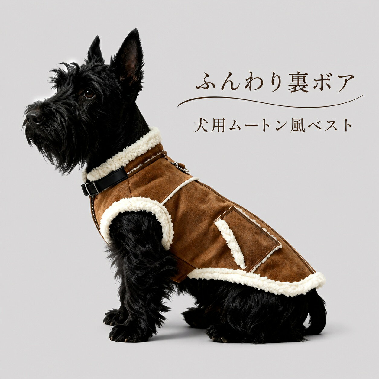カテゴリトップ>犬用秋冬ウェアふんわり裏ボア ムートン風ベスト冷たい風が気になる季節に。ムートン風の表地とふんわりした裏ボアで、愛犬をやさしく包む秋冬用ベストです。背中のDリングにリードを取り付けられます。サイズ選びのポイント愛犬の胸囲を実測し、胸囲を優先してお選びください。納期の目安は約10日です。カラーダークブラウン／ライトベージュの2色からお選びいただけます。サイズ目安サイズ胸囲体重目安S / M / L40 / 44 / 48cm約1.5～2.5 / 3～4 / 4.5～5.5kgXL / XXL / 3XL52 / 58 / 62cm約6～8 / 8.5～9.5 / 10～13kg4XL / 5XL / 6XL70 / 78 / 86cm約13.5～18.5 / 20～25 / 25～30kg体重は目安です。胸囲を優先してお選びください。Dリングや縫製部分は使用前に点検し、強く引く犬には別途ハーネスをご使用ください。手作業採寸のため若干の誤差があります。モニター環境により色味が異なって見える場合があります。検索キーワード：犬服 秋冬 ムートン風 ベスト 小型犬 中型犬 裏ボア 防寒 保温 暖かい リード対応 お散歩 S M L XL XXL 3XL 4XL 5XL 6XL ブラウン ベージュ 送料無料犬服 秋冬 ムートン風 ベスト 小型犬 中型犬 裏ボア 防寒 保温 リード対応 2色 送料無料
