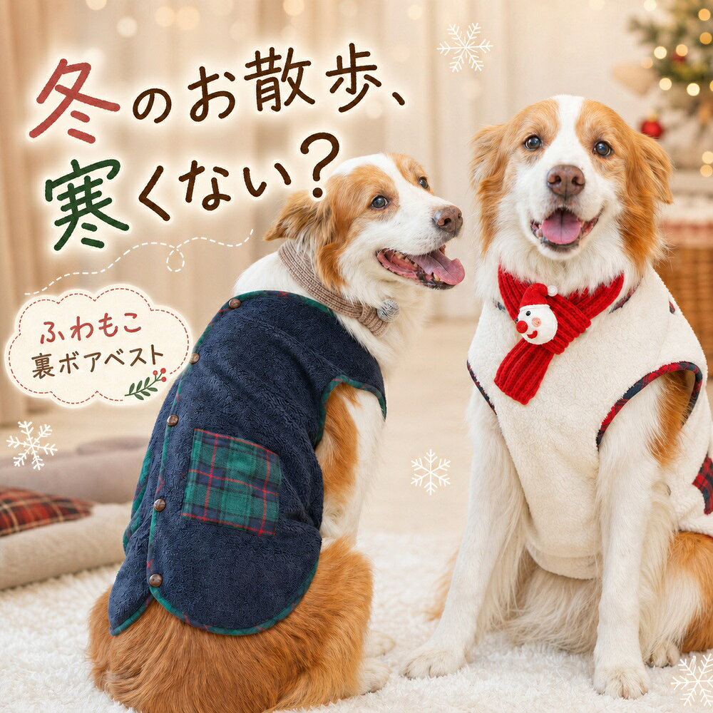 冬のお散歩、寒くない？裏ボアが体を包む、中型犬・大型犬向け秋冬ベスト。チェック柄ポケットとマフラーで冬のお出かけを暖かく彩ります。アイボリー／ネイビー各カラーに個別の選択画像を設定しています。サイズ目安サイズ胸囲体重目安L / XL / 2XL43 / 48 / 53cm約3.5～5 / 5～6.5 / 6.5～9kg3XL / 4XL57 / 63cm約9～11.5 / 11.5～15kg5XL / 6XL70 / 76cm約14～19 / 19～27.5kg商品仕様タイプ裏ボア・袖なしベストセットベスト＋マフラーお手入れ手洗い推奨※体重は目安です。胸囲を優先してお選びください。手作業採寸のため若干の誤差が生じる場合があります。モニター環境により色味が異なって見える場合があります。検索キーワード：犬服 冬服 大型犬 中型犬 裏ボア ベスト フリース 防寒 保温 ドッグウェア ボーダーコリー ゴールデンレトリバー コーギー おしゃれ チェック柄 マフラー付き アイボリー ネイビー L XL 2XL 3XL 4XL 5XL 6XL 送料無料犬服 秋冬 裏ボア ベスト 中型犬 大型犬 防寒 保温 ボーダーコリー ゴールデン 2色 送料無料