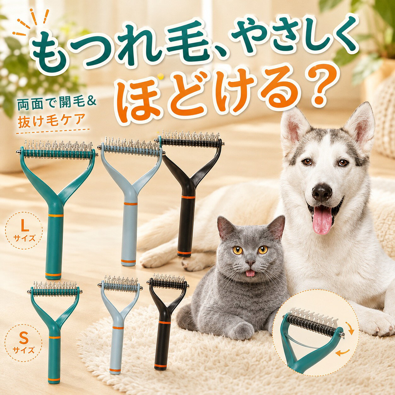 もつれ毛、やさしくほどける？両面の刃を使い分けて、もつれ毛・毛玉・浮き毛をお手入れできる犬・猫兼用ブラシです。カラー、S/Lサイズ、包装タイプを選べます。犬・猫兼用毎日のお手入れ送料無料商品仕様対象犬・猫S約17.5×7×2.4cmL約17.5×10×2.4cm素材プラスチック・シリコン・ステンレス毛の流れに沿って、力を入れすぎず少しずつお使いください。ペットが嫌がる場合は使用を中止してください。検索キーワード：ペットブラシ 犬 猫 両面ブラシ 開結ブラシ 毛玉取り 抜け毛取り もつれ毛 グルーミング S L 小型犬 中型犬 大型犬ペットブラシ 犬 猫 両面 開結ブラシ 抜け毛取り S L 3色 包装選択 送料無料