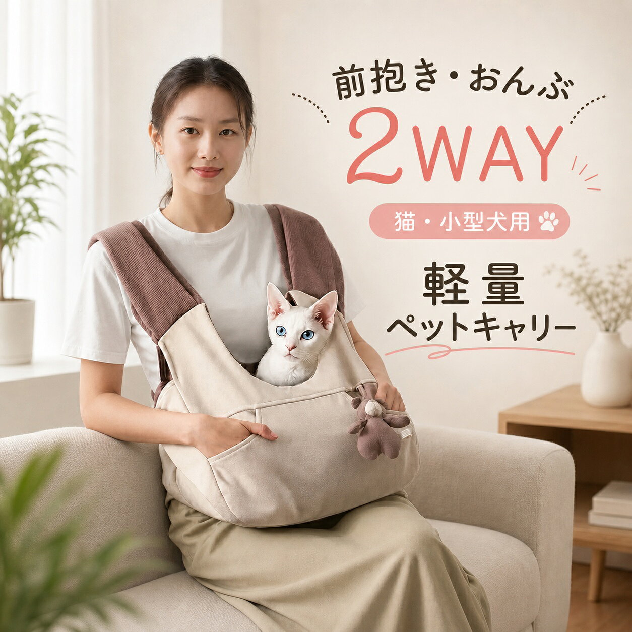 カテゴリトップ > ペットキャリーペットキャリー猫や小型犬をやさしく包み込む、前抱き・おんぶ対応の軽量ペットキャリー。幅広クロスショルダー、安定底板、飛び出し防止リード付きです。関連キーワード：ペットキャリー 抱っこバッグ 猫 小型犬 犬 前抱き おんぶ リュック スリング キャリーバッグ 軽量 飛び出し防止 通院 散歩 旅行 防災ペットキャリー 抱っこバッグ 猫 小型犬 前抱き おんぶ スリング 軽量 飛び出し防止 通院 散歩 送料無料