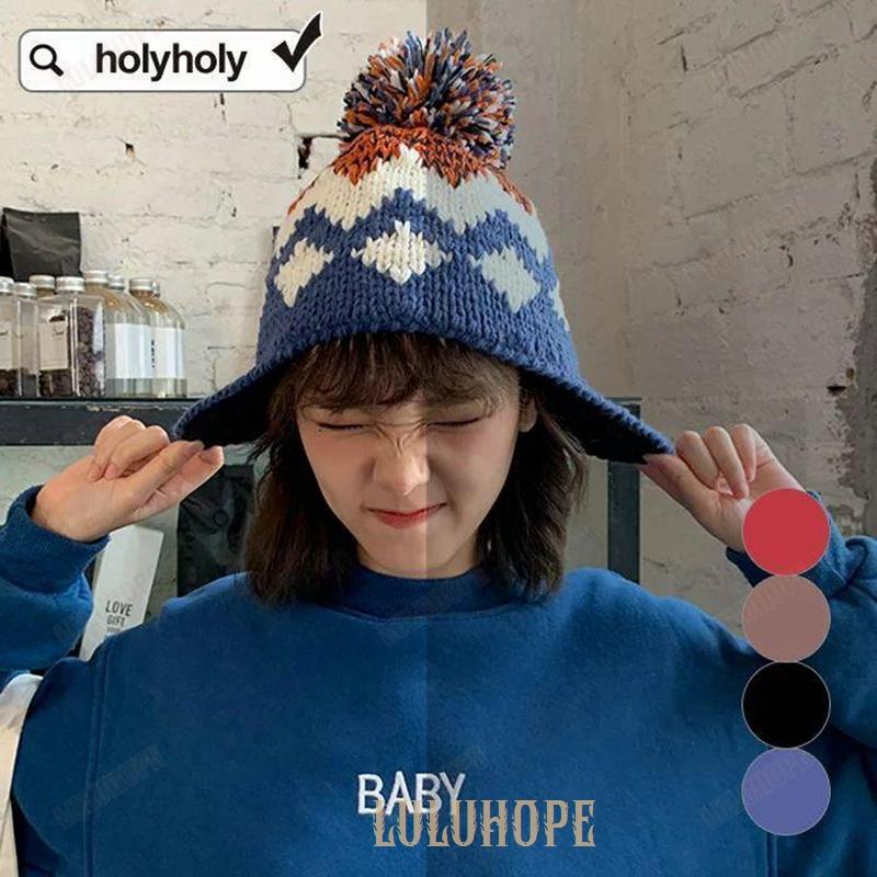 4COLORカラフルポンポン 総柄 耳あて ニット帽ニットキャップ ニット帽 深い 帽子 カラフル リブ編み ビーニー 可愛い レディース 耳あて帽子 リンクコーデ 秋