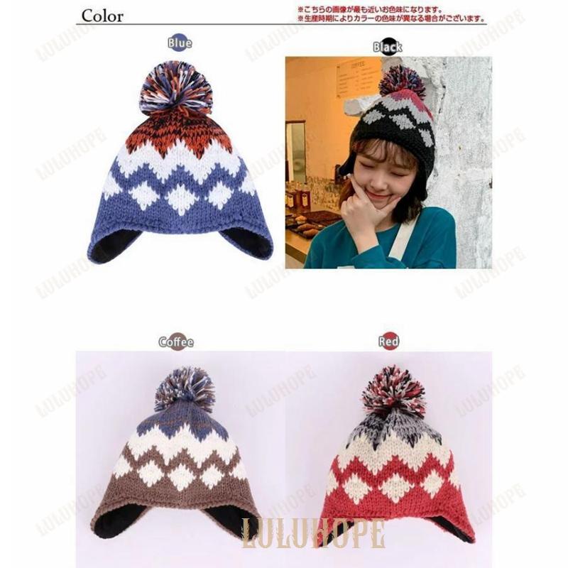 4COLORカラフルポンポン 総柄 耳あて ニット帽ニットキャップ ニット帽 深い 帽子 カラフル リブ編み　ビーニー 可愛い レディース 耳あて帽子 リンクコーデ 秋