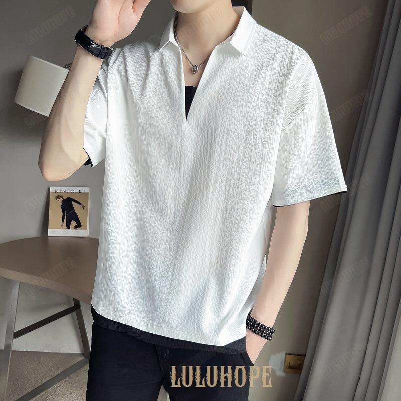 ポロシャツ メンズ 半袖 接触冷感 重ね着 Vネック ゴルフウエア スポーツ 運動着 吸汗速乾 暑さ対策 薄手 無地 夏 父の日 ゆったり 40代