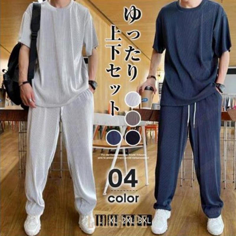 セットアップ メンズ Tシャツ ドレープ ストレッチ半袖 2点セット 接触冷感 スポーツ 無地 夏物 カジュアル ルームウェア 部屋着
