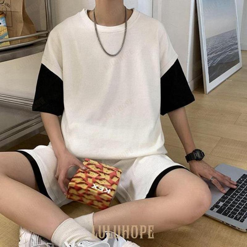 上下セット セットアップ メンズ 半袖 スウェット 薄手 ハーフパンツ フェイクレイヤード ルームウェア 部屋着 カジュアル ゆったり 通学 父の日