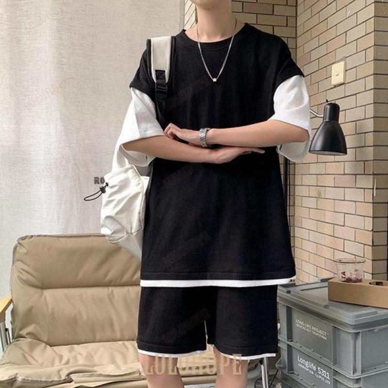 上下セット セットアップ メンズ 半袖 スウェット 薄手 ハーフパンツ フェイクレイヤード ルームウェア 部屋着 カジュアル ゆったり 通学 父の日