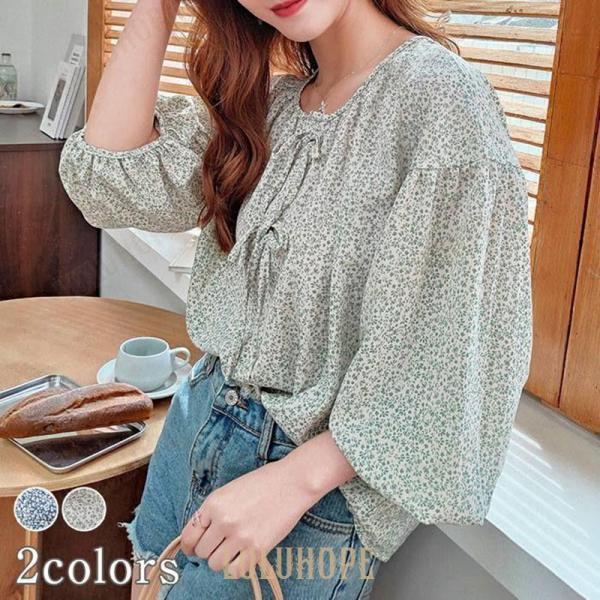 パフスリーブ 五分袖 ブラウス 小花柄 プルオーバー ラウンドネック トップス レディース 春夏 通気性 肌触り良い 可愛い おしゃれ 通勤 カジュアル デニムに合う コットン 洗濯可能 新品 人気 着痩せ 多色