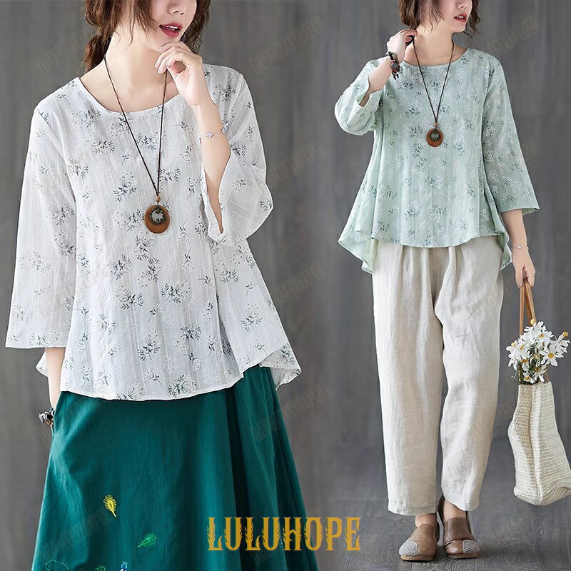 ブラウス 花刺繍 レディース ファッション トップス ブラウス コットン 綿 七分袖 夏 パフスリーブ 花 ..