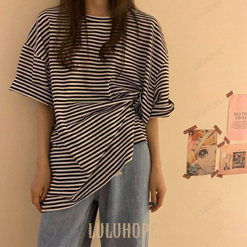Tシャツ レディース ゆったり 半袖Tシャツ ボーダー柄 夏Tシャツ 五分丈袖 縞柄 Tシャツ クルーネック カットソー サマーTシャツ 丸首