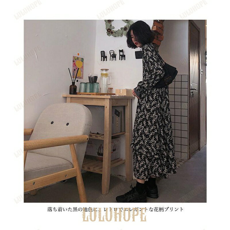 シフォンワンピース 長袖 レディース 花柄 ロングワンピ 春 長袖ワンピース ロング 体型カバー マキシワンピース 秋 ギャザーワンピース Vネック