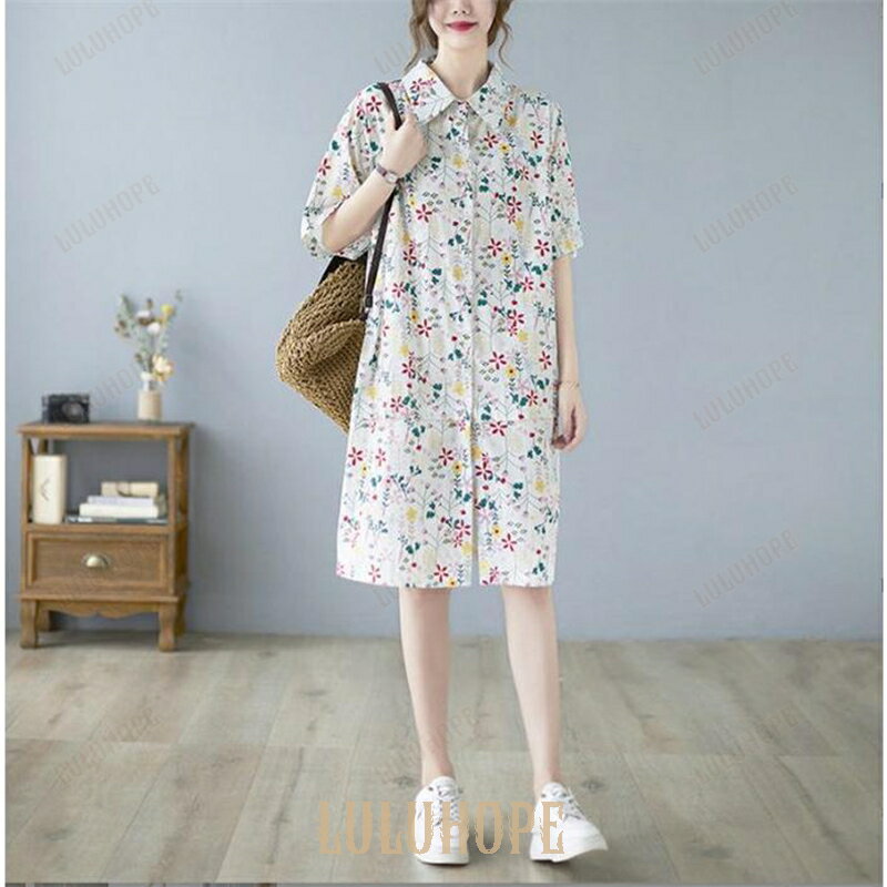 チュニック シャツワンピース レディース 夏 aライン ワンピース 膝丈 半袖ワンピース 大人 可愛い 花柄 チュニックワンピース 開襟 ロングシャツ 羽織