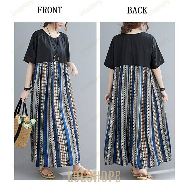 【ポイント10倍】ワンピース レディース 夏 綿 ロングワンピース 丸首 半袖 プリント ストライプ ワンピ ポケット付き フレア マキシワンピース ゆったり 体型カバー