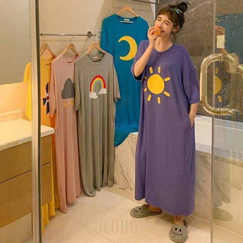ネグリジェ パジャマ レディース 夏 半袖 可愛い 部屋着 寝巻き ロング丈 ロング丈Tシャツ ワンピース オシャレ きれいめ ルームウエア ゆったり 天気柄 5色
