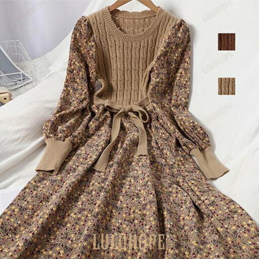 ワンピース 花柄ワンピース ニットワンピース ウエストリボン ミモレ丈ワンピース Aラインワンピース 体型カバー ワンピース 花柄ワンピース ニットワンピース ウエストリボン ミモレ丈ワンピース Aラインワンピース 体型カバー