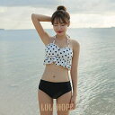 水着 ビキニ 上下セット ホルターネック レディース 女性 ノンワイヤー パット付き スイムウェア コルセット ビスチェ フリル ドット柄 かわいい