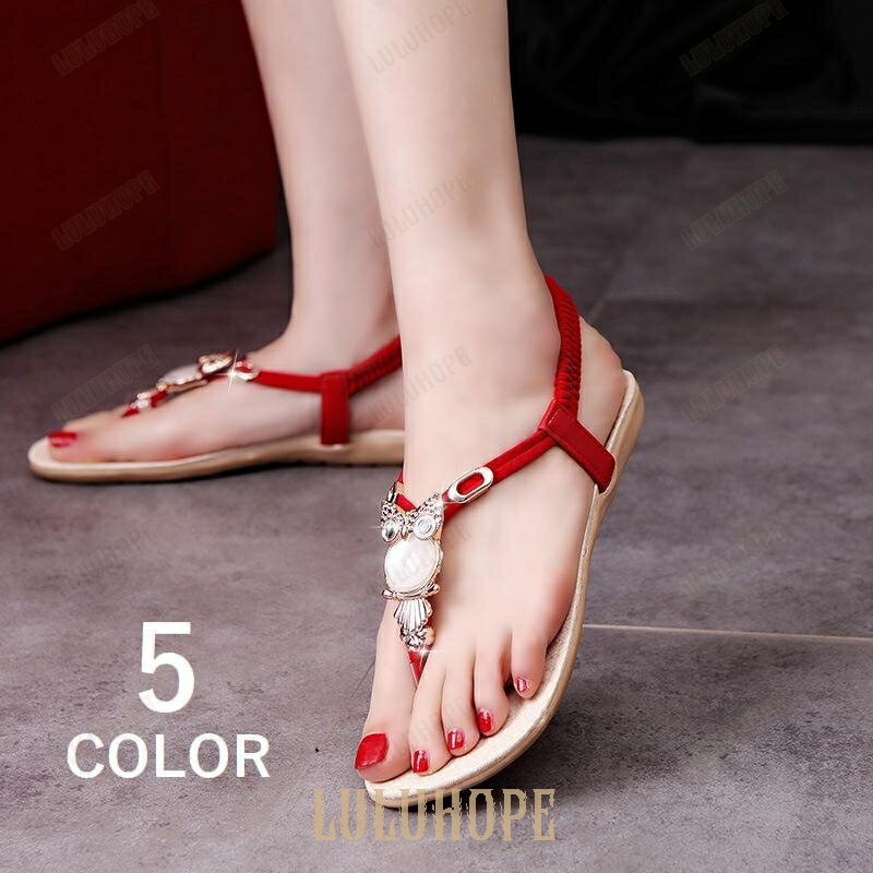 トングサンダル ビーチサンダル アンクルストラップ ふくろうモチーフ ぺたんこ ローヒール ラインストーン付き リゾート 可愛い 靴 レディース カジ