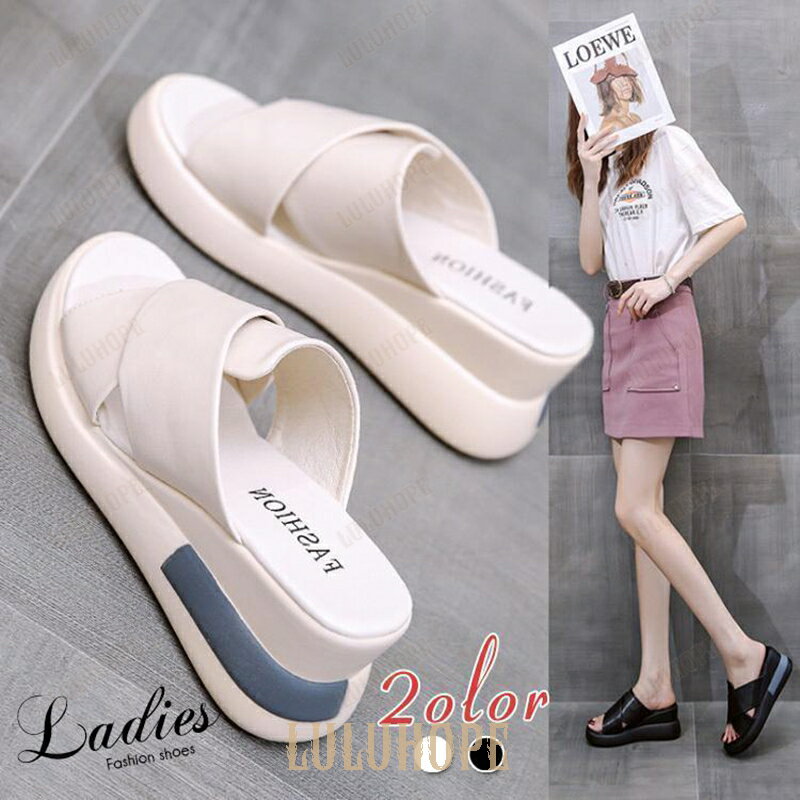 ミュール サンダル スリッパ レディース シューズ ウェッジヒール 厚底 ビスケット 美脚 滑り止め 夏靴 カジュアル 新作 履きやすい