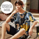 【ポイント10倍】パジャマ メンズ 綿 柔らかく軽い薄手の快適 半袖Tシャツ+半ズボン パジャマ 上下セット 夏2点セット プリント ナイトウェア ルームウェア...