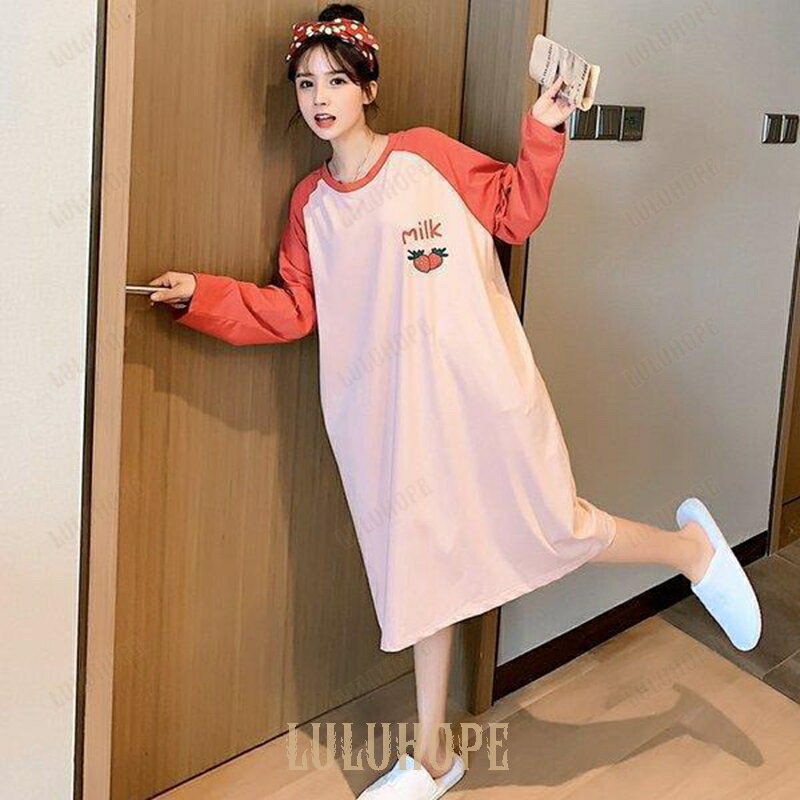 パジャマ レディース 春 秋 夏パジャマ ワンピース ロングネグリジェ 長袖 綿 パジャマ可愛いイチゴ柄 ルームウェア ワンピースタイプ 寝巻き 部屋着 安い