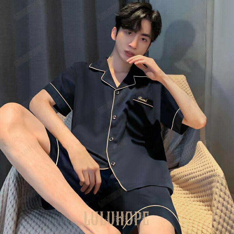 パジャマ メンズ 上下セット ルームウェア 半袖 冷感素材 短パン 部屋着 シルク調 サテン地 ナイトウェア 襟付き 薄手 シンプル 夏 父の日 上品