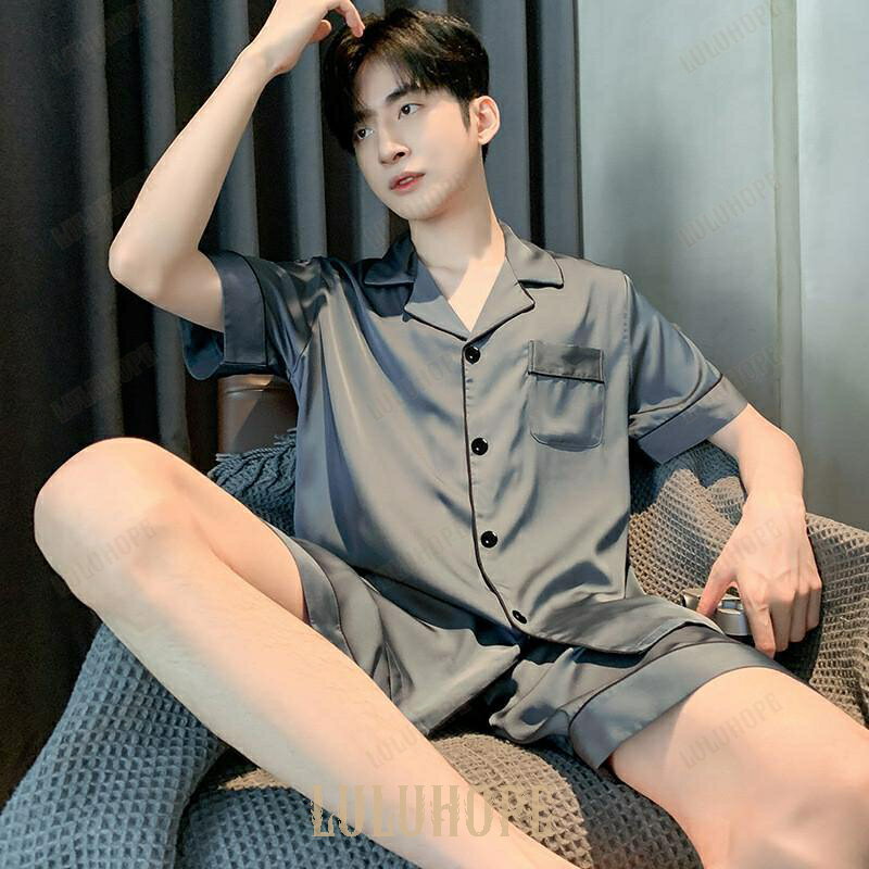 パジャマ メンズ 上下セット ルームウェア 半袖 冷感素材 短パン 部屋着 シルク調 サテン地 ナイトウェア 襟付き 薄手 シンプル 夏 父の日 上品