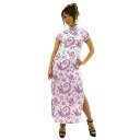 ロングタイプのチャイナドレスで仮装しちゃいましょう♪大花羽柄デザインで、細かな白の花柄と孔雀の羽を模した紫色の花模様が描かれています。男性用サイズもありますよ！