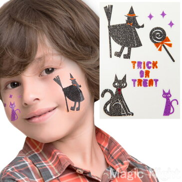 フェイスシール KIDSシール 魔女と黒猫【ハロウィン 仮装 コスプレ メイク フェイスペイント フェイスタトゥ キッズ シール】 定形外発送可 1p94円 2p140円 マジックナイト RQ4283
