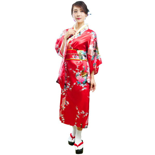 レディース着物 赤孔雀【仮装用 着物 コスプレ 衣装 日本 和装 宴会芸 余興 舞妓 芸者 踊り ダンス 衣装 お祭り 文化祭 学園祭 ハロウィン コスチューム ladies’ women's 女性用 帯は紐を結ぶ簡易仕様】マジックナイト CS910534