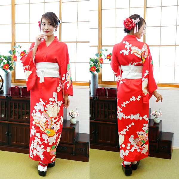 Conjunto de kimono de mariposa bermellón para mujer [Kimono para disfraz Yukata Cosplay Disfraz Japonés Japonés Disfraz Japonés Banquete Yuko Maiko Geisha Festival de danza Festival cultural Escuela Festival de Halloween Disfraz de mujer cinturón de adorno para el cabello con abanico se abrocha con un cinturón Especificación simple] Noche mágica CS910565 — vista 3