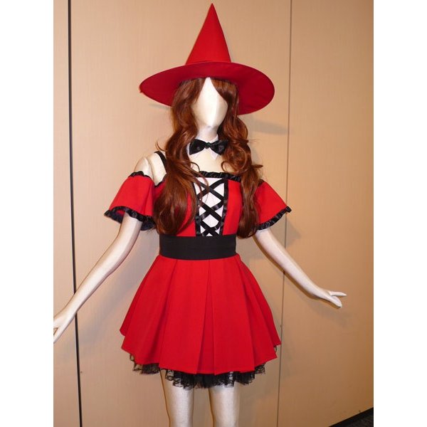 ウィッチレディ マジカル 奉仕品【魔女 ハロウィン 仮装 コスプレ 衣装 ワンピース 付け襟 ベルト 帽子 アームカバー 魔法使い コスチューム 赤 女性 レディース 返品不可】マジックナイト JG4223