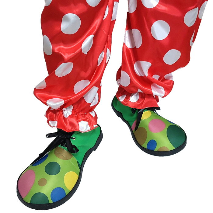 カラフルピエロシューズ グリーン×水玉 大人用【クラウン 道化師 シューズ 靴 ピエロの靴 軽量 ひも結び ハロウィン 仮装 コスプレ 変装 小道具 ピエロ用品 緑 ドット柄 パーティー グッズ 全長34cm】マジックナイト