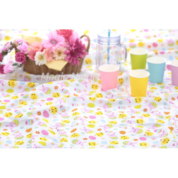 ハッピーエッグクロス【イースター テーブルクロス 布製 テーブル掛け たまご うさぎ ひよこ はな 動物 アニマル 総柄 白色 ディスプレイ 装飾 ピクニック グッズ 雑貨】小型宅配便発送 定形外発送可1p390円 マジックナイト YI8001