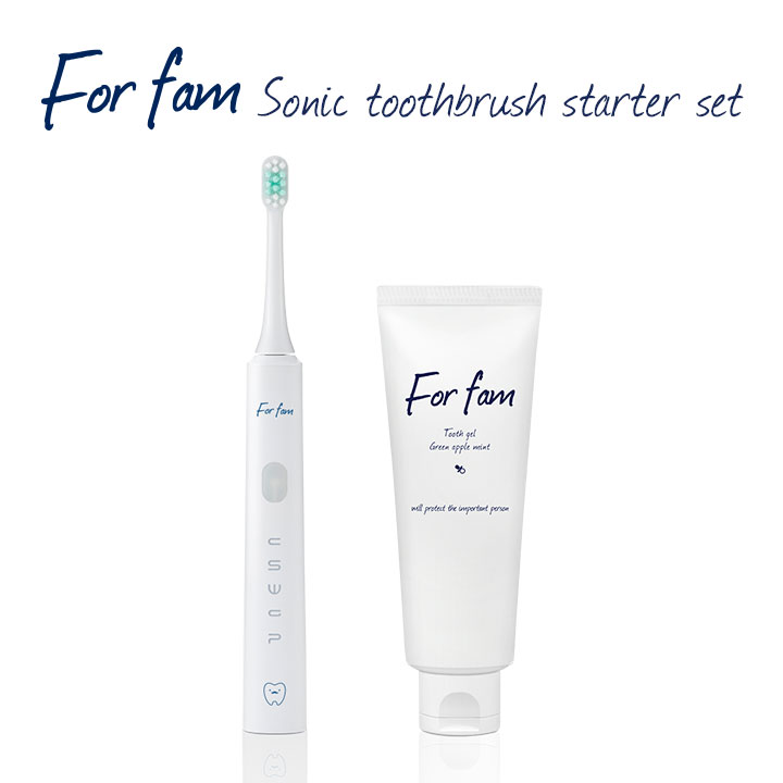 【送料無料(沖縄県・一部離島を除く)】For fam(フォーファム)　ソニック　トゥースブラシ&トゥースジェルセット 電動歯ブラシ 音波式歯ブラシ 音波振動 充電式 薬用歯磨きジェル 歯磨き粉 虫歯予防 口臭予防 ホワイトニング 歯周病予防 グレープ グリーンアップルミント
