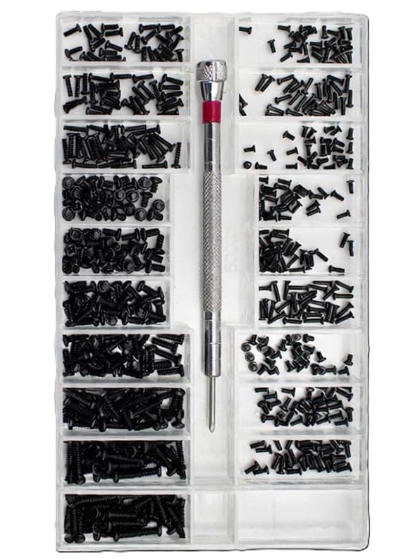 極小ネジ詰め合わせキット ドライバー付属 M1.2/M1.4/M2.0 腕時計 メガネ 時計用の黒色修理ネジ (皿頭 丸頭,18種)