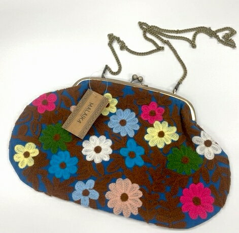 【インド・ファッション雑貨】カシミール刺繍がま口バッグ　ブルー（茶）エシカル商品