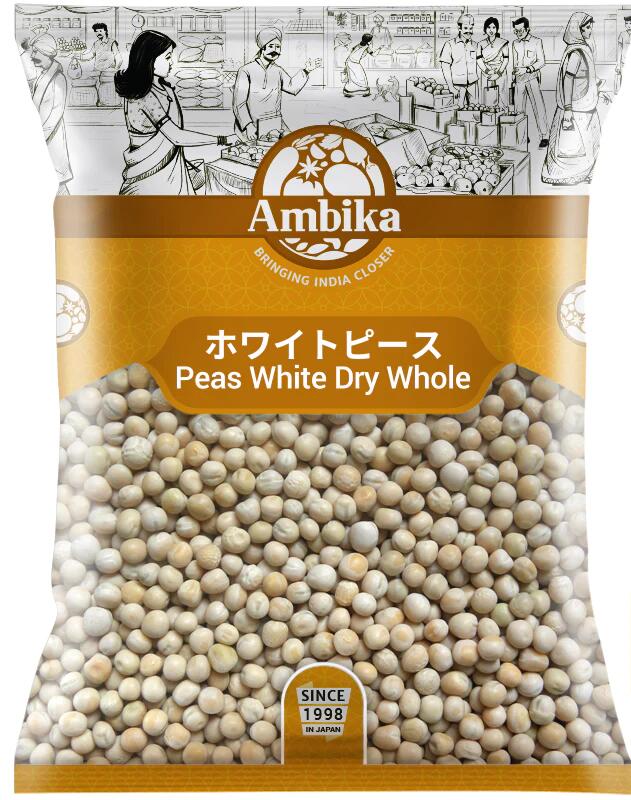 Peas White dry ホワイトピース 1kg Peas White dry ホワイトピースは、乾燥えんどう豆です。グリーンピース同様にカレーやスープ、煮込み料理などにどうぞ。日本ではチャーハンやシューマイ、ハンバーグの付け合せなどでお馴染みグリーンピースのいとこ？にあたる「ホワイトピース」です。 えんどう豆の一種で「白えんどう豆」や「白インゲン豆」とも呼ばれます。インドカレーはもちろん、サラダに入れたりつぶしてコロッケの材料として用いられ、トロトロに煮てダールに、パニプリの具材にも定番です。 見た目が大豆のようですが、味はしっかりピースなインゲン味。グリーンピースは甘く煮て「ウグイス餡」の材料になりますが、こちらはお饅頭でよく使われる「白餡(しろあん)」の材料にもなります。日本ではなかなかお目にかかれない珍しいお豆です。 ・原産国/カナダ　(変更となる場合もございます) ■インドベジって？ 「ベジタリアン(vegetarian)」という言葉をそのまま訳すと、「菜食主義者」「菜食（主義）の」となります。ベジタブル＝野菜の語尾が変化したものと思われやすいのですが、もともとは「健全な、新鮮な、元気のある」という意味のラテン語「vegetus」に由来しています。ベジタリアンにもいくつかのタイプがありますが、「アンビカ」では、インディアン・ベジタリアン(Indian Vegetarian) 『ヒンドゥー教の教えに基づくインドの菜食主義者。肉、魚、卵をとらず多少の乳製品をとる。』の人が安心して買い物ができる商品をご用意しております。 商品情報 ・・・・・・・・・・・・・・・・・・・・・・・・・・・・・・・・・・・・・・・・・・・・・・・・・・・・・・・・・・・・・・・・・・・・・・・・・ 原材料名 エンドウ豆 内容量 1kg 賞味期限 製造年月日より1年(未開封) 保存方法 直射日光や高温の場所を避けて保存して下さい。 販売者 アンビカトレーディング株式会社 JAN/8904017003134 ご注文の前に・・・ 当商品は輸入商品となります。 ※まれに、商品のへこみや変形等がある場合がございます。また、予告なしに内容変更や取り扱い終了となる場合もございます。予めご容赦くださいませ。 →アンビカトレーディング 食品 &gt; インド食材 &gt; 粉、豆、米類