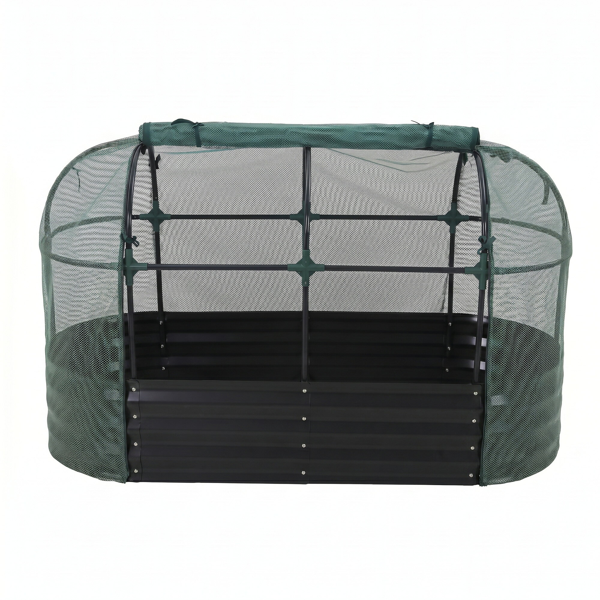 Product Type: Single Box Product颜色: Black材质: SteelPackage Size (厘米): 56 * 34 * 18Package Weight (千克): 8.3Product Features01 おうちで手軽に家庭菜園を楽しめる、防虫ネット付きガーデンベッド。虫や風から植物を守りながら、初心者でも育てやすい設計に仕上げました。ベランダやお庭で、安心して野菜づくりを始められます。02【防虫ネット付きでしっかりガード】細かいメッシュの防虫ネットで、害虫の侵入をしっかり防ぎます。薬剤に頼らず、安心して野菜やハーブを育てられます。03 【ファスナー開閉で作業しやすい】ファスナー付きで大きく開閉可能。水やりや収穫もスムーズに行えます。毎日の作業がぐっとラクになります。04【高さ30cmのしっかりした土の深さ】プランター部分の高さは約30cm。根をしっかり張れる十分な深さがあり、野菜も元気に育ちやすい設計です。04【ベランダにも置きやすいサイズ】大きすぎず扱いやすいサイズ感で、ベランダやお庭にも気軽に設置できます。プランターサイズ：約150×60×30cm全体高さ：約90cm（ネット含む）05【排水性に優れた底部オープン設計】底がオープン構造で、水はけがよく、余分な水分がたまりにくい設計です。地面とつながることで根が広がりやすく、より自然に近い環境で育てられます。06【耐久性に優れたしっかり構造】本体には波形構造を採用し、フラット構造に比べて強度を高めています。さらに耐候性に優れた素材を使用し、紫外線や雨風による劣化を抑えます。07【組立簡単】初めての方でも安心して組み立てられるシンプル設計。パーツの取り付けも分かりやすく、スムーズに作業できます。大人2人で約20分程度で設置可能です。DescriptionDimensions &amp; Details素材 スチールカラー ホワイト、ブラック商品サイズ L150*W60*H90cm梱包数 1梱包サイズ 55.5*34.5*19cm重量（N.W.） 7.5KG重量（G.W.） 8.3KG生産国 中国組立品/完成品 組立品
