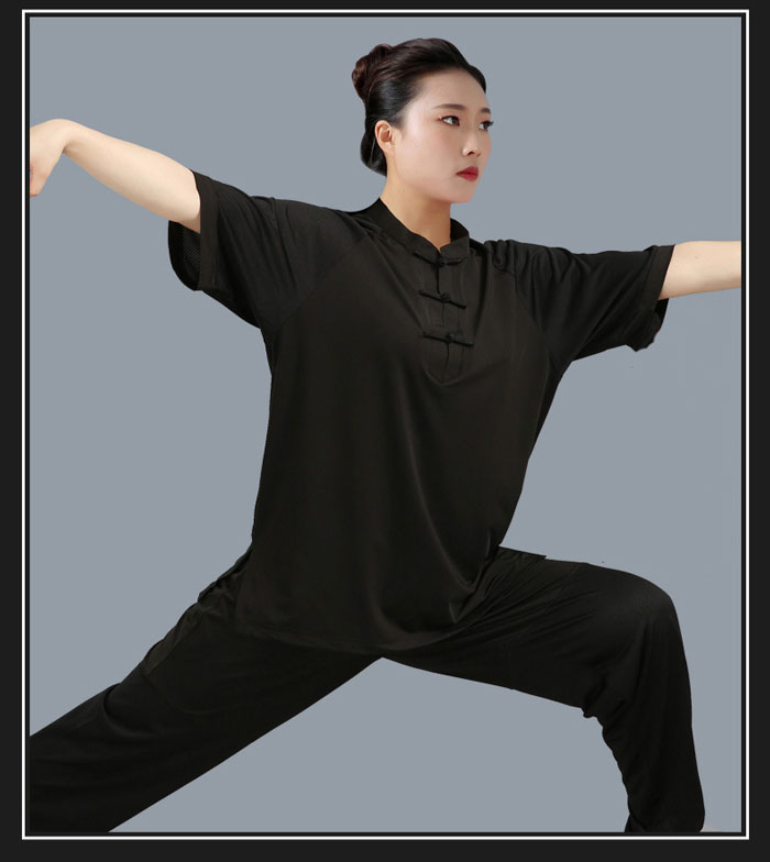 太極拳 半袖 tシャツ メッシュ 太極拳ウェア 太極拳服 チャイナカラー スリット入...