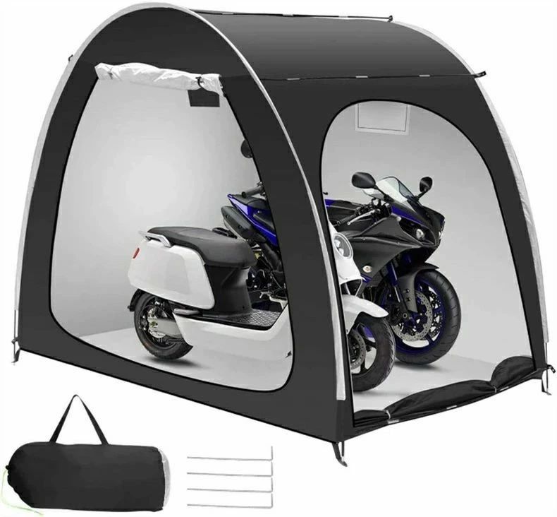 「大型で自転車＆サイクル兼用」：本体サイズが210（長）x150（幅）x165（高）cm程大きいサイズ。自転車だけを保管すると可収納台数が最大3-4台となります。オートバイクだけを保管する場合、最大2台まで収納できます。また、適用シーンが幅広く庭園工具物置としては使用可能です。一つ持つと雨風や日差しや劣化などから自転車やモーターサイクルを守られます。「二つの出入り口付き」：特別な設計でサイクルハウスの正面と側面には出入り口が備わっています。サイクルを運び上げず側面の出入り口からサイクルを押し入れられます。自転車の出し入れのしやすさを重視する方に最適。また、テントの外にいても中にいてもファスナーを引くと、出入り口を簡単に開け閉めますよ。「高品質素材＆防水性」：撥水加工が施されたPU4000 オックスフォード素材を採用して商品の防水性が非常に良い。テント内側にポケットと小さい窓口がついており、小物の収納や観察や通気もしやすい。なお、L型ネジを4本付属し、それらを柔らかい地面に挿し込んだら、サイクルハウスをしっかと固定できます。強風や台風のとき飛ばされる可能性を減少することにも役に立ちます。「軽量で持ち運びも設置も簡単」：約3.2kgと軽量かつ収納袋つきで持ち運ぶことが容易。骨組みは高強度グラスファイバー棒を採用し、組み立てと分解が簡単なのもうれしいところです。これがあれば、自宅やアウトドアキャンプなどのサイクル保管には人気あります。「大型で自転車＆サイクル兼用」：本体サイズが210（長）x150（幅）x165（高）cm程大きいサイズ。自転車だけを保管すると可収納台数が最大3-4台となります。オートバイクだけを保管する場合、最大2台まで収納できます。また、適用シーンが幅広く庭園工具物置としては使用可能です。一つ持つと雨風や日差しや劣化などから自転車やモーターサイクルを守られます。「二つの出入り口付き」：特別な設計でサイクルハウスの正面と側面には出入り口が備わっています。サイクルを運び上げず側面の出入り口からサイクルを押し入れられます。自転車の出し入れのしやすさを重視する方に最適。また、テントの外にいても中にいてもファスナーを引くと、出入り口を簡単に開け閉めますよ。「高品質素材＆防水性」：撥水加工が施されたPU4000 オックスフォード素材を採用して商品の防水性が非常に良い。テント内側にポケットと小さい窓口がついており、小物の収納や観察や通気もしやすい。なお、L型ネジを4本付属し、それらを柔らかい地面に挿し込んだら、サイクルハウスをしっかと固定できます。強風や台風のとき飛ばされる可能性を減少することにも役に立ちます。「軽量で持ち運びも設置も簡単」：約3.2kgと軽量かつ収納袋つきで持ち運ぶことが容易。骨組みは高強度グラスファイバー棒を採用し、組み立てと分解が簡単なのもうれしいところです。これがあれば、自宅やアウトドアキャンプなどのサイクル保管には人気あります。