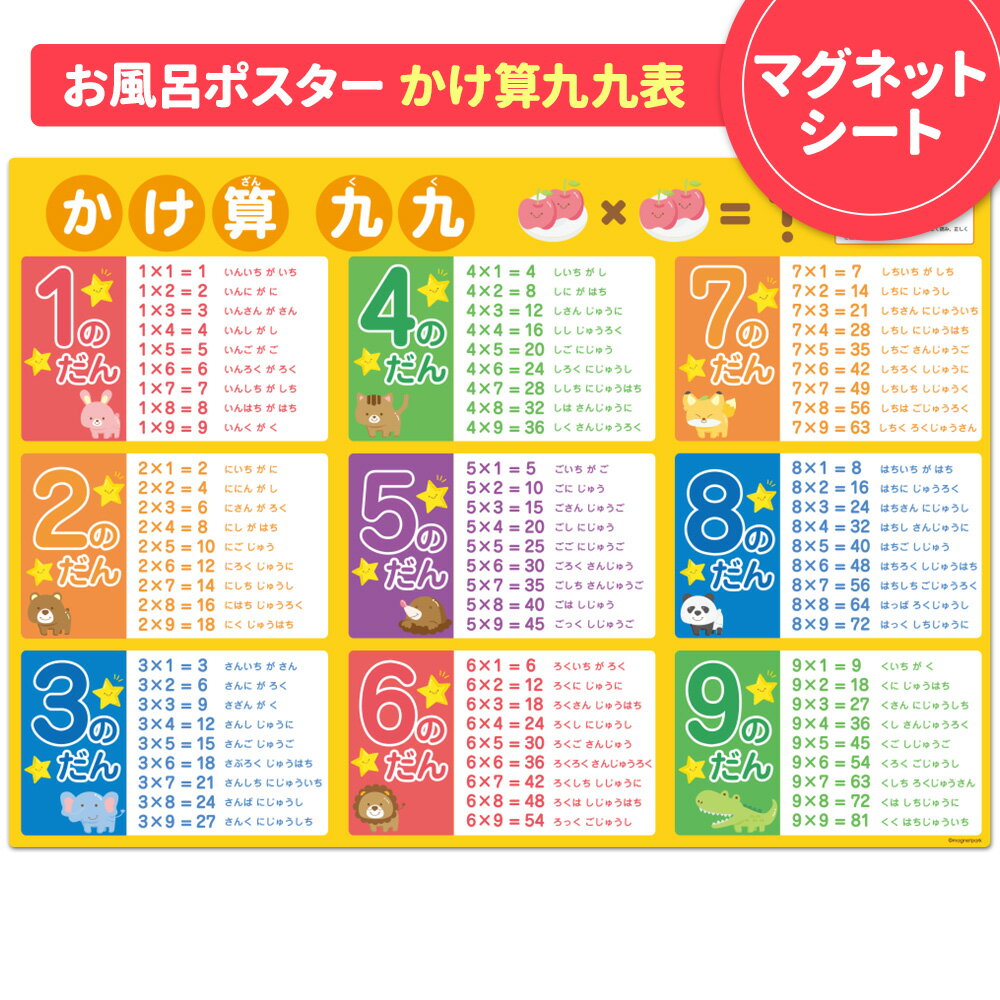 ■おすすめポイント 入園、入学を控えたお子様、お孫様へのギフトとして、知育商品、知育玩具、知育グッズをお探しのご両親、祖父母におすすめです。はじめての学びグッズや学習ポスターとしてもお選びいただけます。 児童館や学童などでも使えます。以下の施設や施設関係者にお使いいただいています。 幼稚園 児童館 学童 学童保育 塾講師 家庭教師 託児所 デイサービス 放課後デイ 先生 講師 保育士 園長 施設長 ママ友 パパ友 以下の記念日やイベントを控えたお子様やご両親、お孫様や祖父母の方にお勧めです。 クリスマス 誕生日 記念日 新生活 こどもの日 入園 卒園 入学 ご家庭でのお風呂タイムやバスタイムでお勉強できます。玄関ドアや冷蔵庫に貼ってちょっとしたすきま時間にも使えます。 対象年齢：幼稚園 年少 年中 年長 保育園 小学生 小学校 小学一年生 小学二年生 小学三年生 小学四年生 小学五年生 小学六年生 0歳 1歳 2歳 3歳 4歳 5歳 6歳 7歳 8歳 9歳 10歳 11歳 12歳 薄型なので貼りやすく、大判サイズで見やすいです。A2サイズより少し小さいサイズです。 九九表のお風呂ポスターは子供向けのかわいい動物デザインでお風呂場で楽しく勉強できます。カラフルでポップなアニマル柄です。 日本製のマグネットシートでできています。MADE IN JAPANで安心です。耐水インクなのでお風呂でも使えます。全面マグネットのマグネットタイプなので賃貸OK。 MADE IN JAPANで安心、安全。水に強くお風呂でも使えます。裏面全面磁石のマグネットタイプ。角丸だから触っても痛くありません。 柔らかいマグネットシートなので、ご家庭ではお風呂や玄関ドア、冷蔵庫やホワイトボード、洗濯機などの鉄面に簡単に貼れて、貼りなおしも自由にできます。マグネットシート製なので、紙と違って丈夫でやぶれず、へたりにくく、丸めて保管もしやすいです。 ユニットバスやシステムバスの磁石が付く壁にも使え、水で貼るタイプと違って、マグネットタイプなので乾いてもはがれにくく落ちにくいです。■商品仕様 0.3mmの薄いマグネットシートでできたひらがな表です。 磁石の付く壁面にぴったりと貼りつけることができます。 サイズ 約570mm×約400mm 厚み 約0.3mm 重さ 約220g 素材 PVC・マグネット ■マグネットシートの特徴 ■お風呂ポスター知育商品ラインナップ 　　　　 ＼こちらの商品もおすすめ！／ ◆カードタイプ【文字マグ】シリーズ！◆ 切り離して遊べるカードタイプはこちら！自由にすうじを組み合わせて九九を覚えたり計算式を作ったりできます。30ピース、90ピース、150ピースの3種類からお選びいただけます。 商品ページへ 商品ページへ 商品ページへ 　　　 ■お届け方法 【知育ポスター】に興味がある方は ▼▼▼こんな商品も買っています▼▼▼ ■ご注意 ●本製品はマグネットを使用しています。ご使用になる壁面に磁石がつくかどうか、あらかじめご確認ください。 ●本製品の裏面(マグネット面)が壁面に密着するように貼ってください。 ●長期間のご使用など、使用環境により本製品と壁の間や周囲にカビが発生する場合があります。浴室の清掃時などに外して水分を拭き取ってください。 ●保管中の製品の反りやシワがご使用時に戻りにくい場合は、浴槽やシャワーのお湯などにつけて温めてからご使用ください。製品がやわらかくなり壁面などに貼りやすくなります。 ●本製品の水分をタオル等で拭き取る際には強くこすらないでください。 ●浴室の清掃時等に、本製品に洗剤等がかからないようにしてください。 ●浴室乾燥機使用時は本製品を取り外してください。 ●本製品を火気などの熱源の近くに置かないでください。 ●お使いのモニターにより、写真と実物とでは、多少、色合いが異なって見える場合がありますのでご了承下さい。 ※本製品には磁石を使用しています。