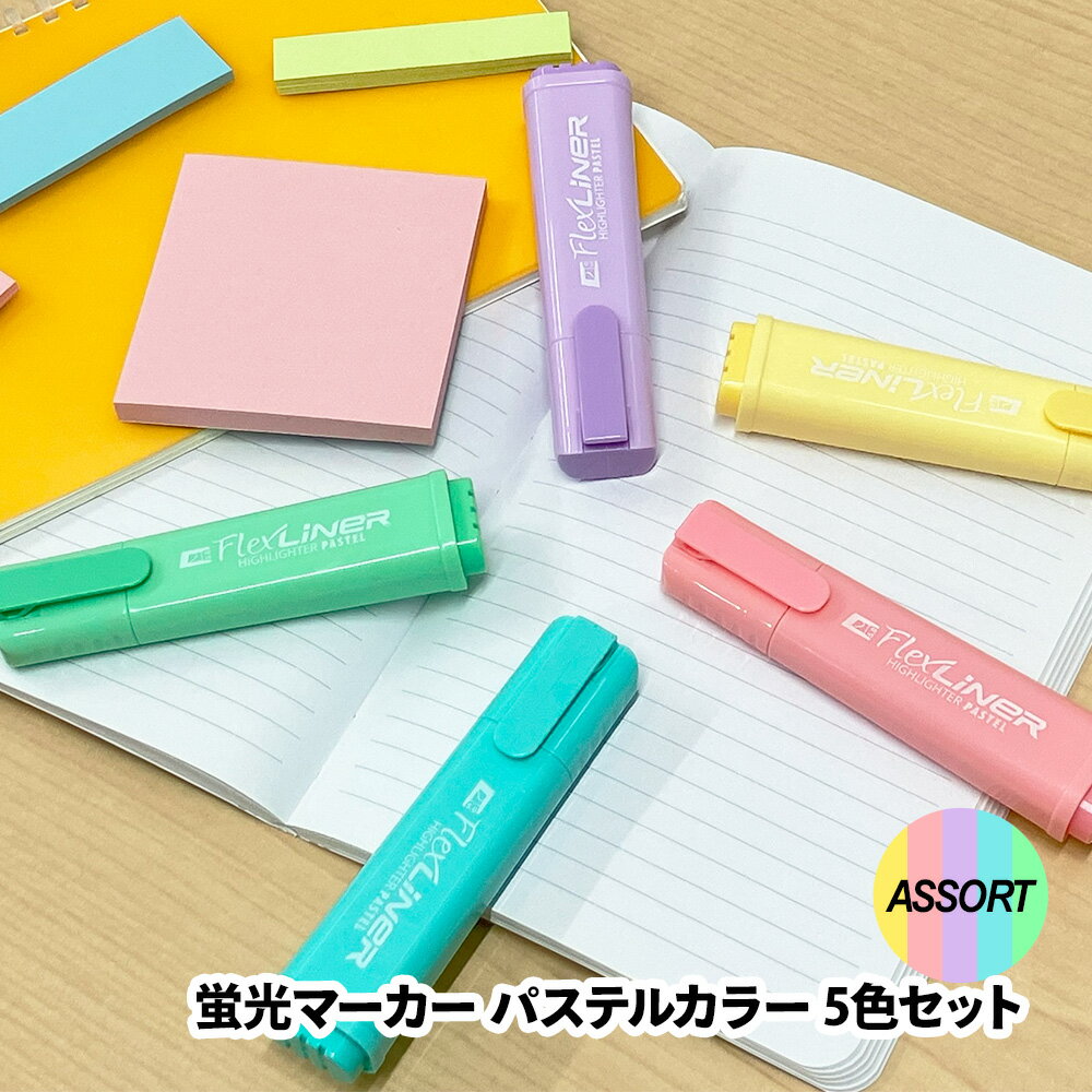 flexoffice 蛍光ペン/蛍光マーカー パステルカラー5色セット(イエロー・ピンク・ブルー・グリーン・パープル) 5.0mm にじまない 洗い落とせる 学...