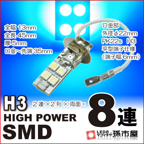 LED H3 ハイパワーSMD8連 青/ブルー 【P