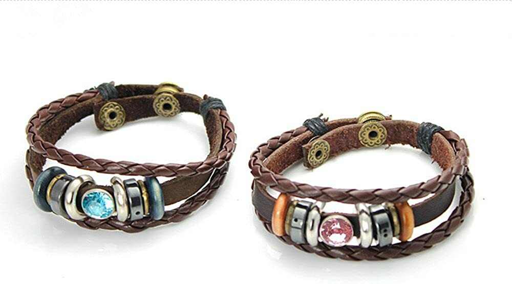 リゾート風 カップル用 レザー ＆ 編み編みベルト ペアブレスレット （ブルー＆ピンク）