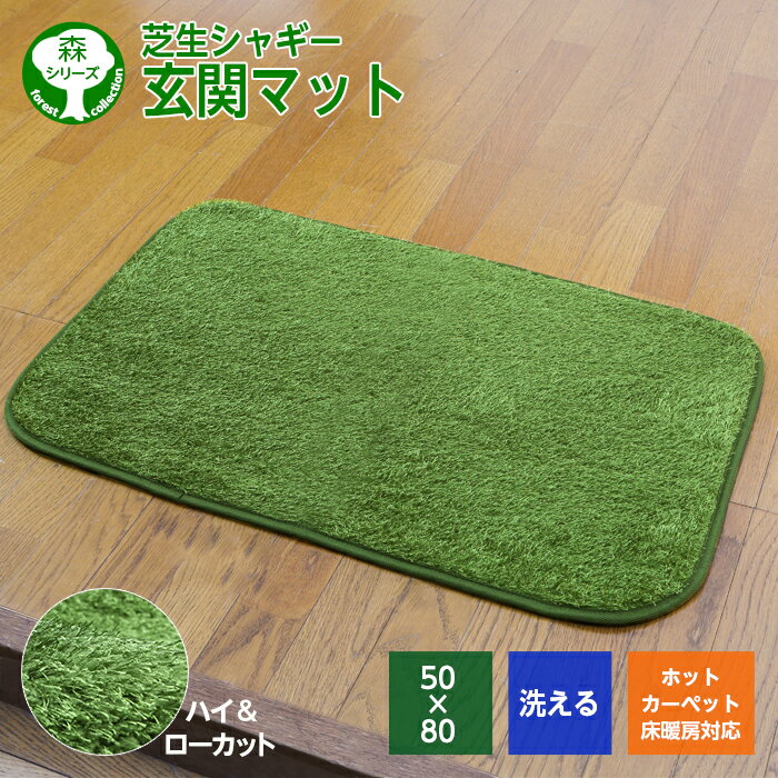 シャギー 芝生 ラグ 玄関マット （50×80cm） 森シリーズ ホットカーペット対応　洗濯機OK 玄関 滑り止め すべり止め おしゃれ ふわふわ じゅーたん シャギー 毛足 長い マット 厚手 カーペット N38