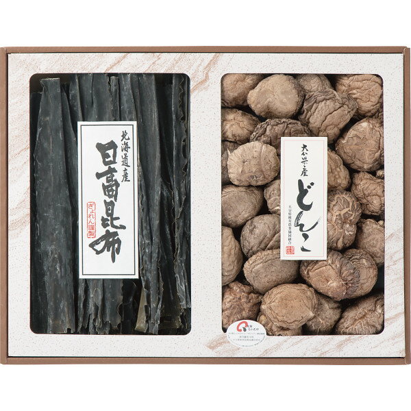 ●商品内容 大分産どんこ椎茸(原木)150g、北海道日高昆布150g ●パッケージサイズ：42×32.5×4 cm ●賞味期限：製造日より 常温360日 クヌギ原木主体の大分産どんこ椎茸と北海道産日高昆布の詰合せです。どちらも食卓には欠かせない逸品でございます。ギフト対応※商品は十分にご用意しておりますが、万一品切れの場合や、 やむを得ない事情により中止や変更になる場合がございますので、ご容赦ください。【ご用途】 各種御祝、各種内祝いギフト 贈り物 内祝い 内祝 出産内祝い 結婚内祝い 御祝 快気祝 快気内祝 御礼 御中元 暑中御見舞 残暑御見舞 御歳暮 御年賀 寒中御見舞 プレゼント 母の日 父の日 敬老の日 クリスマス 合格祝い 進学内祝い 成人式 御成人御祝 卒業記念品 卒業祝い 御卒業御祝 入学祝い 入学内祝い 就職祝い 入園内祝い 御入園御祝 お祝い 御祝い 金婚式御祝 銀婚式御祝 御結婚お祝い ご結婚御祝い 御結婚御祝 結婚祝い 結婚式 引き出物 引出物 引き菓子 御出産御祝 ご出産御祝い 出産御祝 出産祝い 御新築祝 新築御祝 新築内祝い 祝御新築 祝御誕生日 誕生日祝 七五三御祝 初節句御祝 節句 昇進祝い 昇格祝い 就任 御供 お供え物 粗供養 御仏前 御佛前 御霊前 香典返し 志 進物 粗供養 偲草 偲び草 茶の子 法要 仏事 法事 法事引き出物 法事引出物 年回忌法要 一周忌 三回忌 七回忌 十三回忌 十七回忌 二十三回忌 二十七回忌 御開店祝 開店御祝い 開店お祝い 開店祝い 御開業祝 周年記念 来客 お茶請け 御茶請け 異動 転勤 定年 退職 退職挨拶回り 転職 お餞別 贈答品 粗品 粗菓 おもたせ 菓子折り 手土産 心ばかり 寸志 新歓 歓迎会 送迎会 新年会 忘年会 二次会 記念品 景品 開院祝い お礼 謝礼 御返し お返し お祝い返し 御見舞御礼 快気祝い 快気内祝い お土産 贈答品 プチギフト 御見舞 退院祝い 全快祝い 御挨拶 ごあいさつ 引越し ご挨拶 引っ越し お宮参り 御祝 お年賀 御年始 初盆 お盆 お中元 お彼岸 残暑見舞い 寒中お見舞 お歳暮 還暦祝 その他ギフト全般