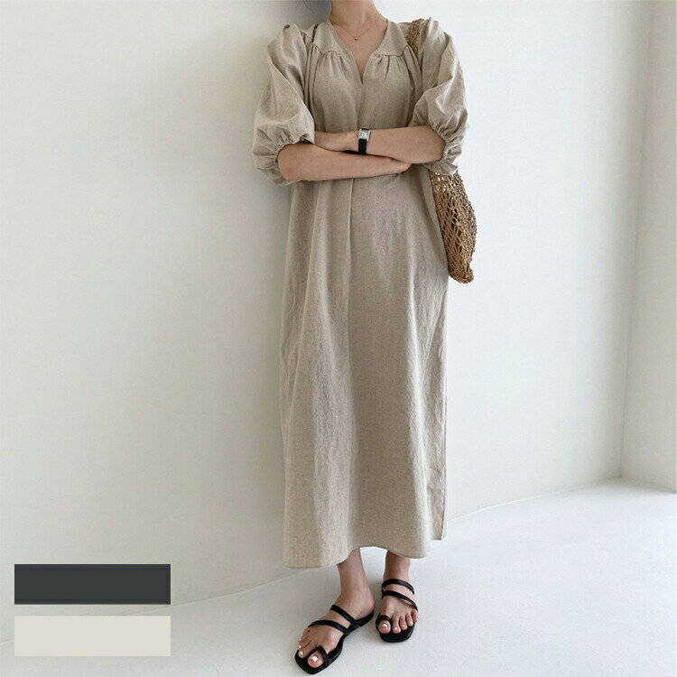 ワンピースチュニックトップスvネックロングワンピースロングワンピレディース春夏フレア無地七分袖五..